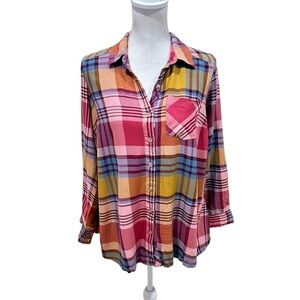 Motherhood Maternity plaid button down shirt matching tie belt multi small